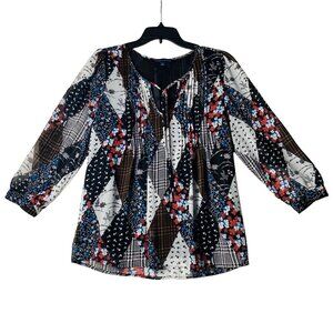 Tommy Hilfiger Blouse Women Size Small Floral Mushroom Mixed Print Pintuck
